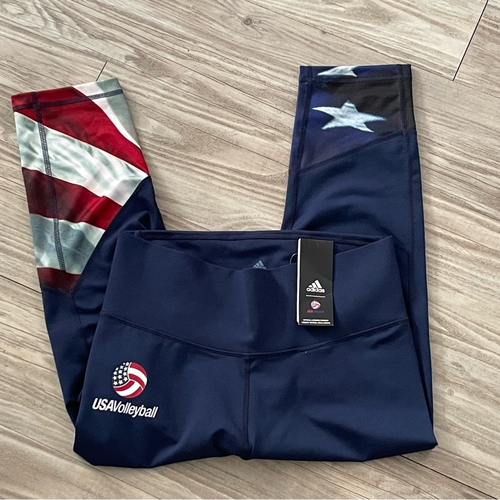M adidas Team USA Volleyball Tights Leggings Red White Blue Stars & Stripes Flag